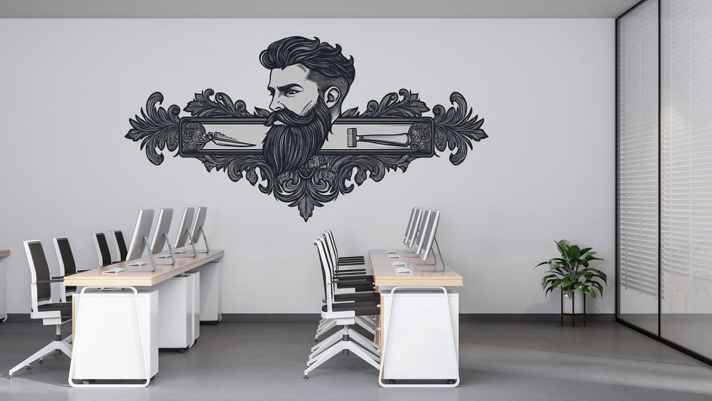 Vintage Barber Portrait Wall Decal, Luxury Barbershop Wall Decor, Bearded Man Barber Art Sticker, Classic Grooming Wall Art