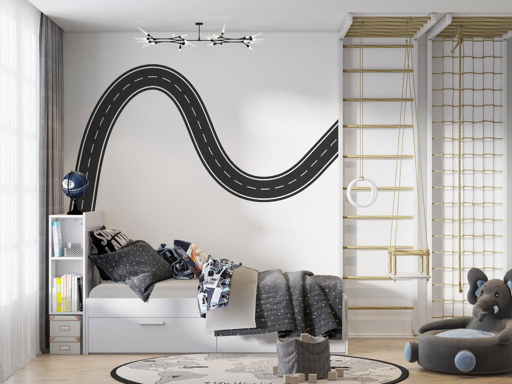 Road Wall Mural Kids Room Racing Track Wall Decal Playroom Bold Race Track Wall Sticker for Boys Room