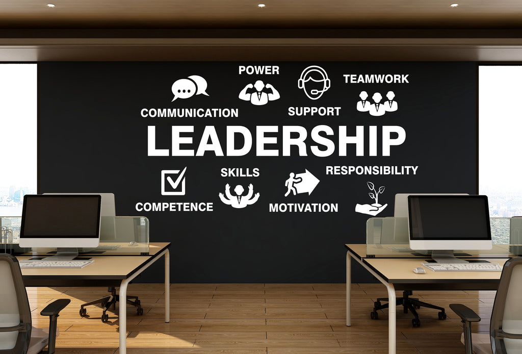 May include: A black wall with the word "LEADERSHIP" in white letters. The word is surrounded by icons representing different leadership qualities, such as communication, teamwork, support, power, skills, competence, motivation, and responsibility.