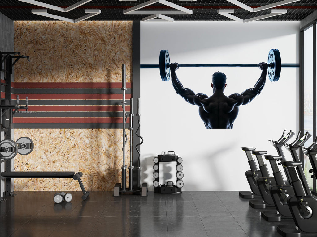 Bodybuilder Wall Decal Gym Wall Art Fitness Mural Weightlifting Vinyl Sticker Modern Gym Decor Barbell Athlete Silhouette Workout Motivation