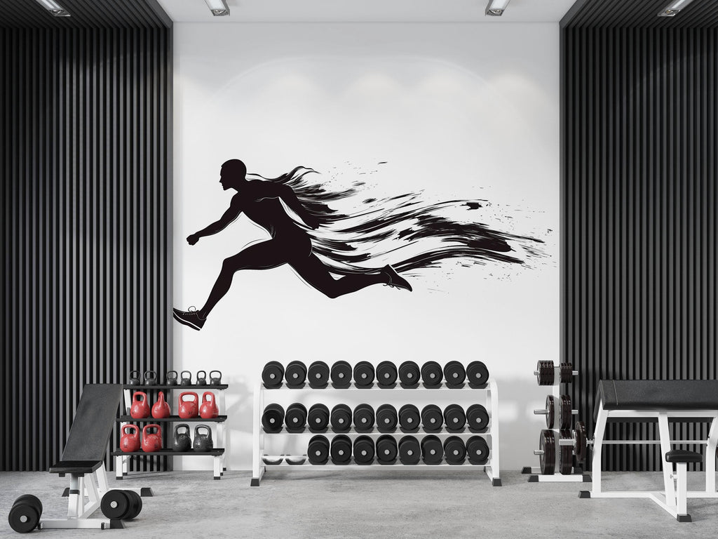 Sprint Runner Wall Decal Gym Wall Art Running Mural Athlete Silhouette Vinyl Sticker Fitness Wall Decor Speed Motion Workout Wall Art