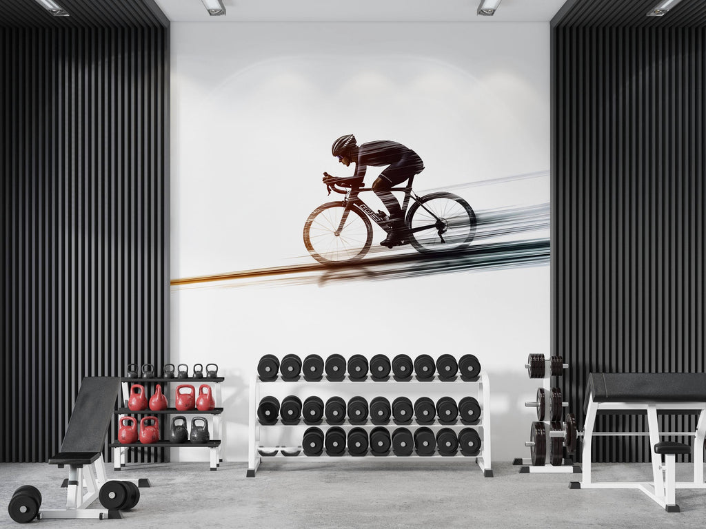 Cyclist Wall Decal Gym Wall Art Cycling Mural Bike Rider Vinyl Sticker Fitness Wall Decor Speed Motion Spin Studio Home Gym Decor