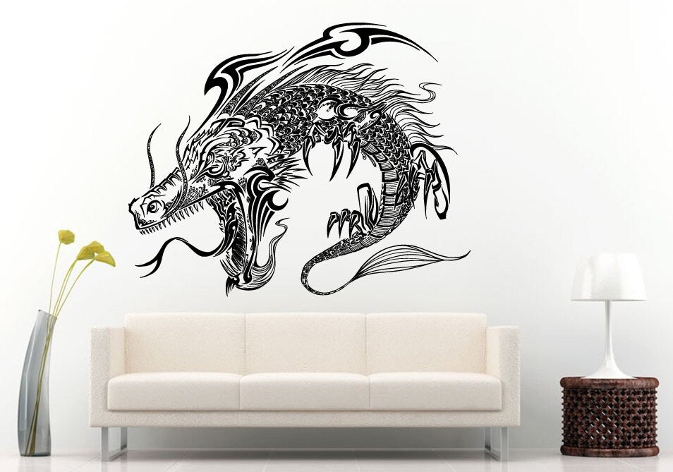 Fire Dragon Tribal Long Tail Angry Open Mouth Wings Doodle Wall Decal Vinyl Sticker Mural Room Decor L769