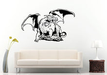 Load image into Gallery viewer, Fire Dragon Tribal Long Tail Angry Open Mouth Wings Doodle Sitting On A Rock Wall Decal Vinyl Sticker Mural Room Decor L772