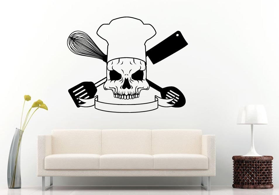 Deadly Skull Cook Head Chief Spatula Big Spoon Mixer Kitchen Dining Wall Decal Vinyl Sticker Mural Room Decor L779