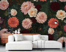 Load image into Gallery viewer, Dramatic Dark Floral Wall Mural, Peonies Roses Peel and Stick Wallpaper, Living Room Accent Wall, Botanical Wall Decor 402DE