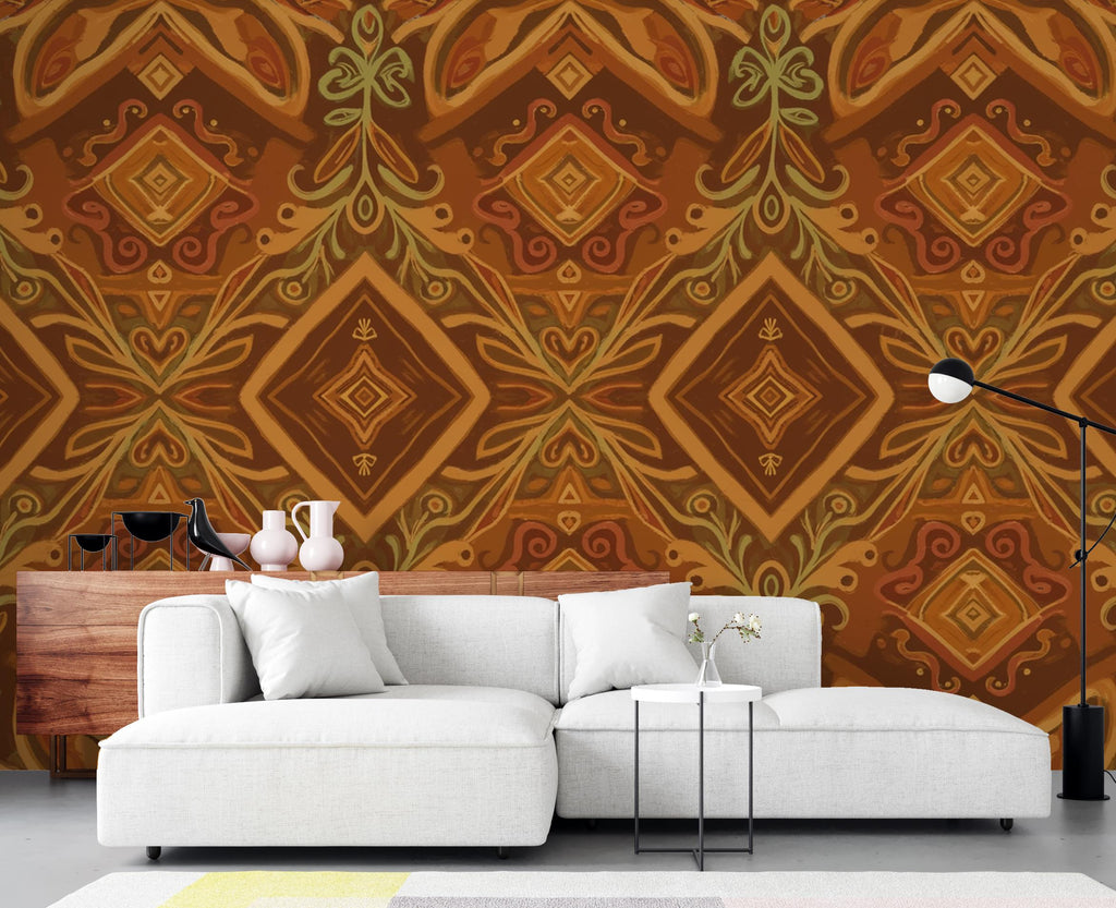 Afrohemian Boho Wallpaper Wall Mural, African Tribal Geometric Peel and Stick Wallpaper, Living Room Wall, Cultural Folk Wall Decor 403DE