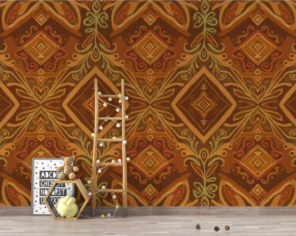 Afrohemian Boho Wallpaper Wall Mural, African Tribal Geometric Peel and Stick Wallpaper, Living Room Wall, Cultural Folk Wall Decor 403DE