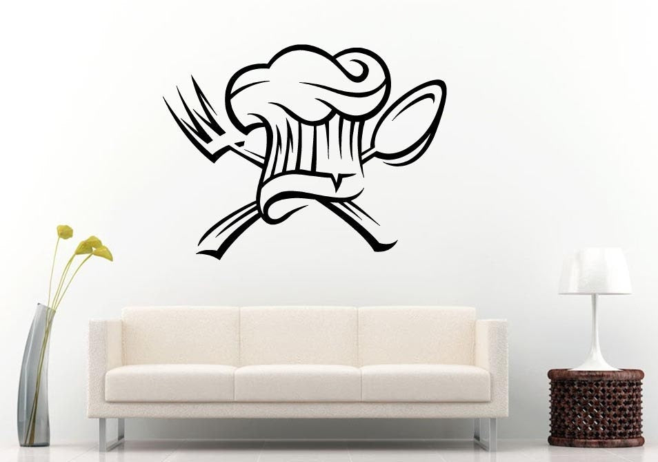 Cooking Head Chiefs Hat Spoon Fork Kitchen Dining Wall Decal Vinyl Sticker Mural Room Decor L774