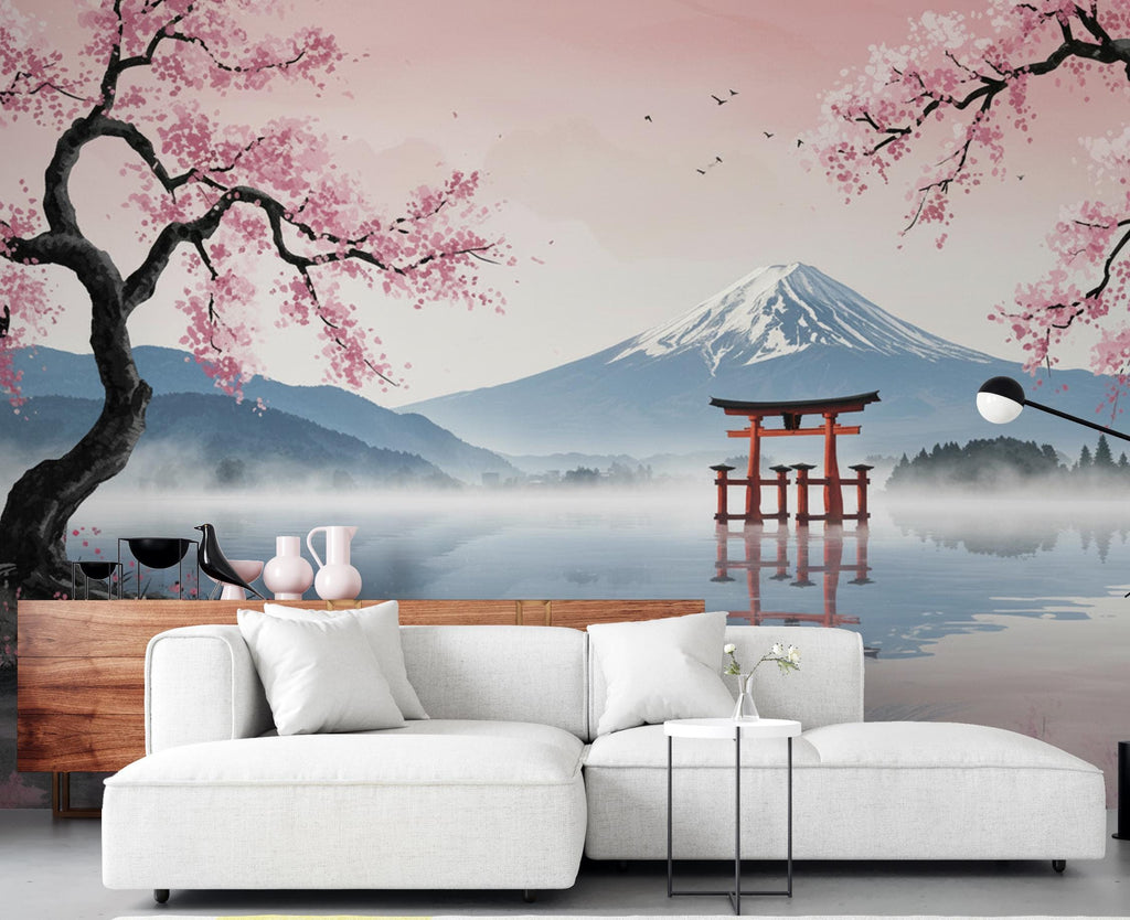Japanese Cherry Blossom Wallpaper Wall Mural, Mount Fuji Peel and Stick Wallpaper, Living Room Wall, Zen Panoramic Wall Decor 404DE