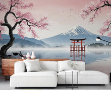 Load image into Gallery viewer, Japanese Cherry Blossom Wallpaper Wall Mural, Mount Fuji Peel and Stick Wallpaper, Living Room Wall, Zen Panoramic Wall Decor 404DE