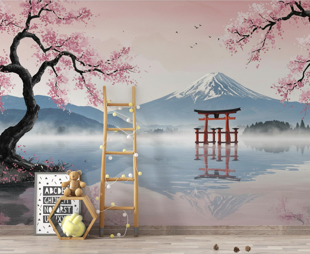 Japanese Cherry Blossom Wallpaper Wall Mural, Mount Fuji Peel and Stick Wallpaper, Living Room Wall, Zen Panoramic Wall Decor 404DE
