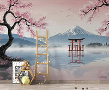 Load image into Gallery viewer, Japanese Cherry Blossom Wallpaper Wall Mural, Mount Fuji Peel and Stick Wallpaper, Living Room Wall, Zen Panoramic Wall Decor 404DE