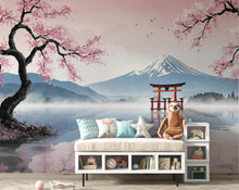 Load image into Gallery viewer, Japanese Cherry Blossom Wallpaper Wall Mural, Mount Fuji Peel and Stick Wallpaper, Living Room Wall, Zen Panoramic Wall Decor 404DE