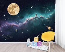 Load image into Gallery viewer, Celestial Moon Wallpaper Wall Mural, Galaxy Nebula Peel and Stick Wallpaper, Living Room Wall, Night Sky Constellation, Cosmic Space 405DE