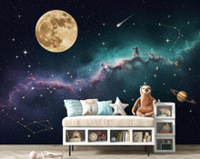 Load image into Gallery viewer, Celestial Moon Wallpaper Wall Mural, Galaxy Nebula Peel and Stick Wallpaper, Living Room Wall, Night Sky Constellation, Cosmic Space 405DE