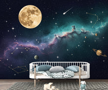 Load image into Gallery viewer, Celestial Moon Wallpaper Wall Mural, Galaxy Nebula Peel and Stick Wallpaper, Living Room Wall, Night Sky Constellation, Cosmic Space 405DE