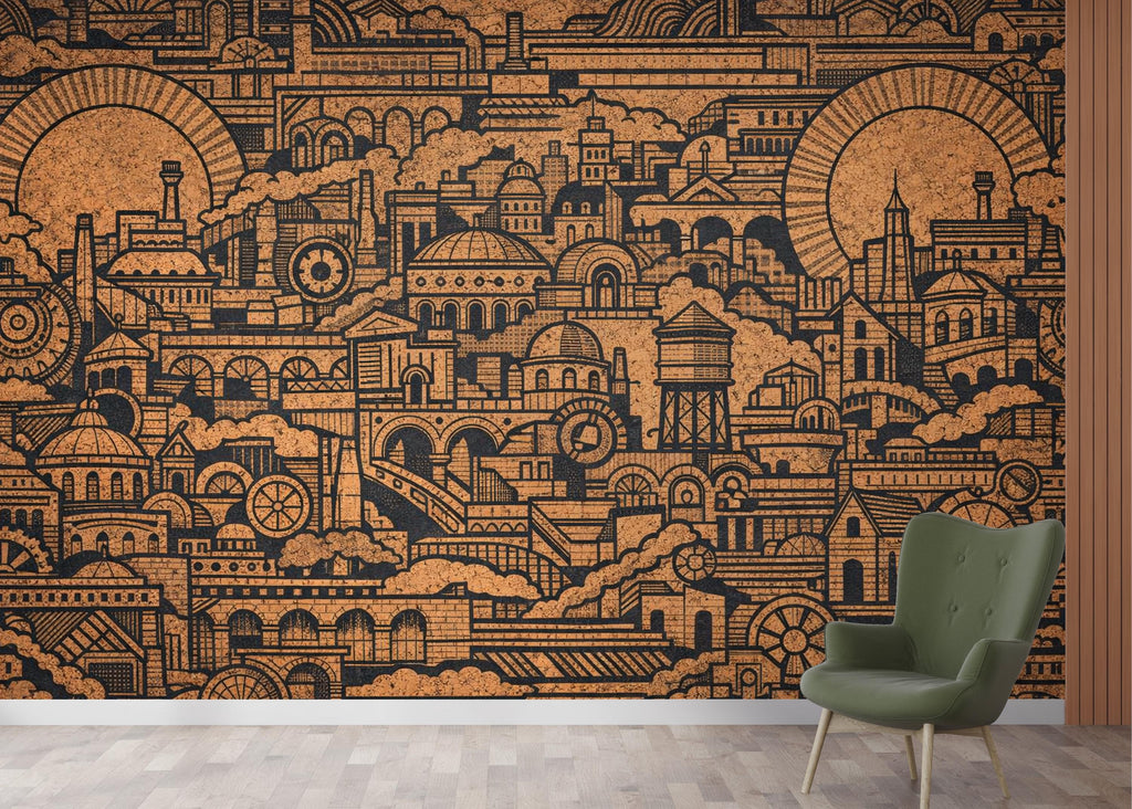 Cityscape Wallpaper Mural, Industrial Line Art Wall Mural, Urban Architecture Wallpaper, Modern Wall Decor, Peel and Stick Wallpaper 821LU