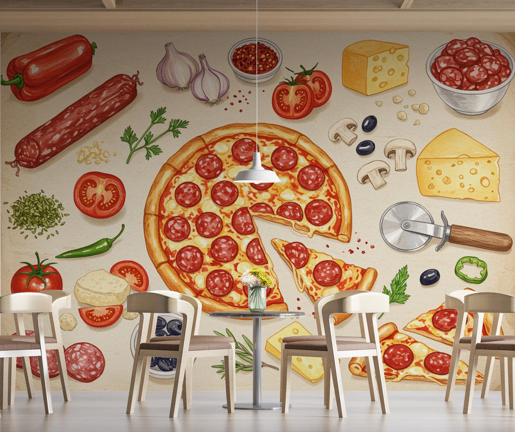 Pizza Wallpaper Mural | Vintage Pizzeria Wall Decor | Italian Restaurant Wallpaper | Pizza Kitchen Peel and Stick Wallpaper 419DE