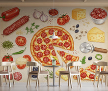 Load image into Gallery viewer, Pizza Wallpaper Mural | Vintage Pizzeria Wall Decor | Italian Restaurant Wallpaper | Pizza Kitchen Peel and Stick Wallpaper 419DE