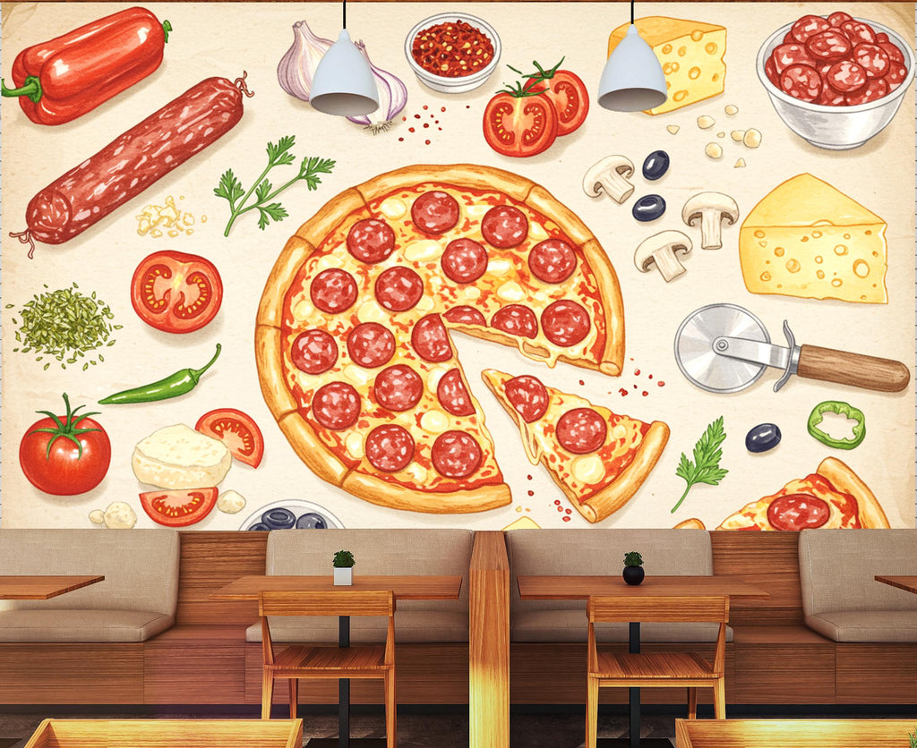 Pizza Wallpaper Mural | Vintage Pizzeria Wall Decor | Italian Restaurant Wallpaper | Pizza Kitchen Peel and Stick Wallpaper 419DE