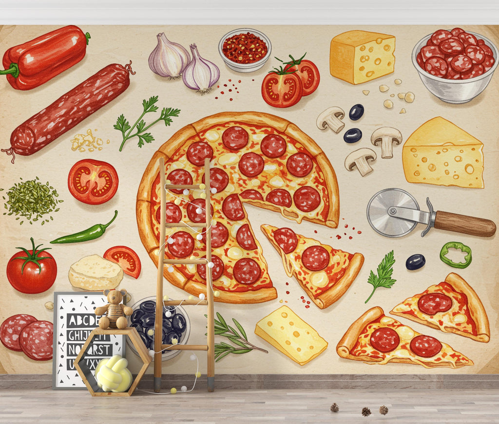 Pizza Wallpaper Mural | Vintage Pizzeria Wall Decor | Italian Restaurant Wallpaper | Pizza Kitchen Peel and Stick Wallpaper 419DE