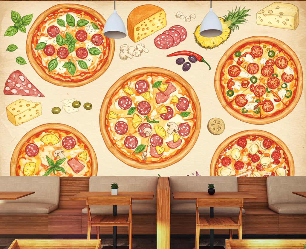 Pizza Wallpaper Mural | Vintage Pizzeria Wall Decor | Italian Restaurant Wallpaper | Pizza Kitchen Peel and Stick Wallpaper 420DE