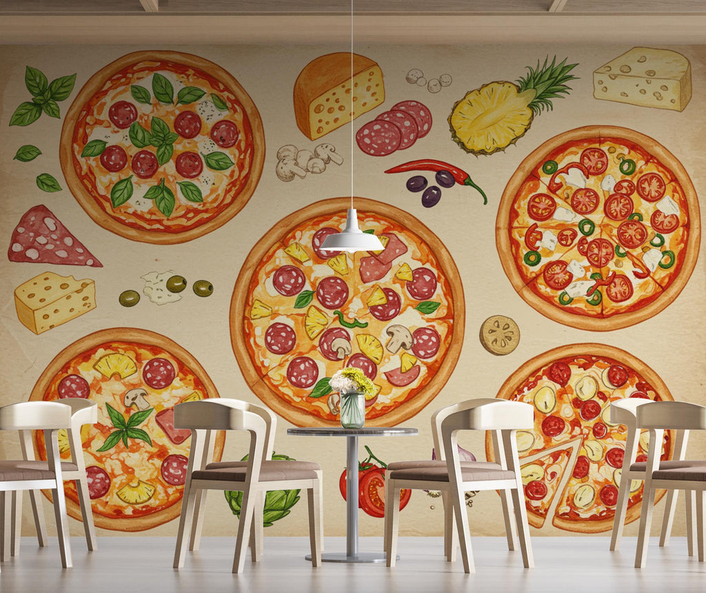Pizza Wallpaper Mural | Vintage Pizzeria Wall Decor | Italian Restaurant Wallpaper | Pizza Kitchen Peel and Stick Wallpaper 420DE