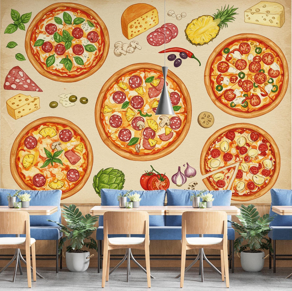Pizza Wallpaper Mural | Vintage Pizzeria Wall Decor | Italian Restaurant Wallpaper | Pizza Kitchen Peel and Stick Wallpaper 420DE