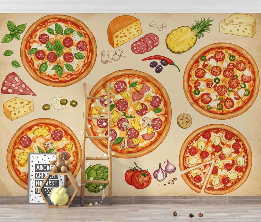 Pizza Wallpaper Mural | Vintage Pizzeria Wall Decor | Italian Restaurant Wallpaper | Pizza Kitchen Peel and Stick Wallpaper 420DE