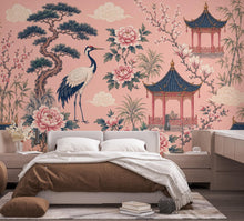 Load image into Gallery viewer, Chinoiserie Wallpaper Peel and Stick, Pink Asian Garden Wall Mural, Crane Wallpaper, Oriental Floral Wallpaper, Maximalist Wall Decor 836LU