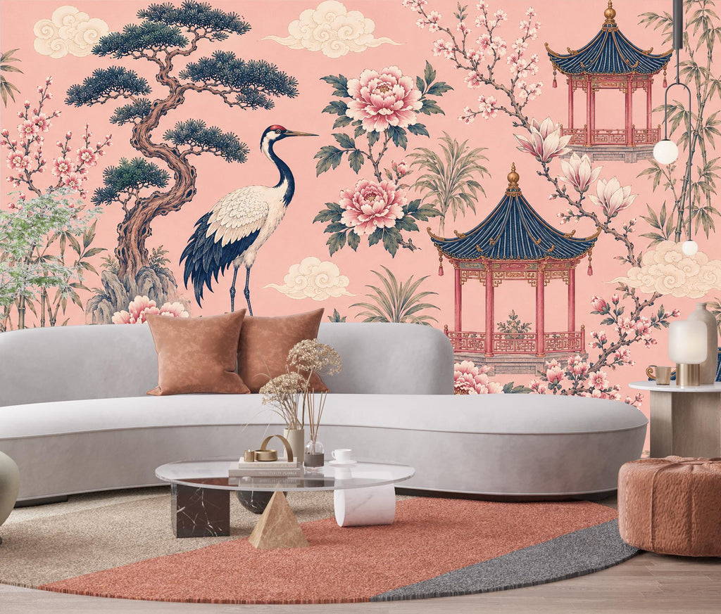 Chinoiserie Wallpaper Peel and Stick, Pink Asian Garden Wall Mural, Crane Wallpaper, Oriental Floral Wallpaper, Maximalist Wall Decor 836LU