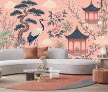 Load image into Gallery viewer, Chinoiserie Wallpaper Peel and Stick, Pink Asian Garden Wall Mural, Crane Wallpaper, Oriental Floral Wallpaper, Maximalist Wall Decor 836LU