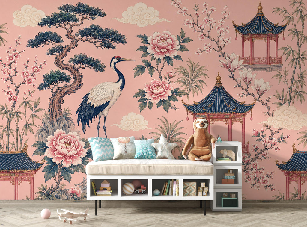 Chinoiserie Wallpaper Peel and Stick, Pink Asian Garden Wall Mural, Crane Wallpaper, Oriental Floral Wallpaper, Maximalist Wall Decor 836LU