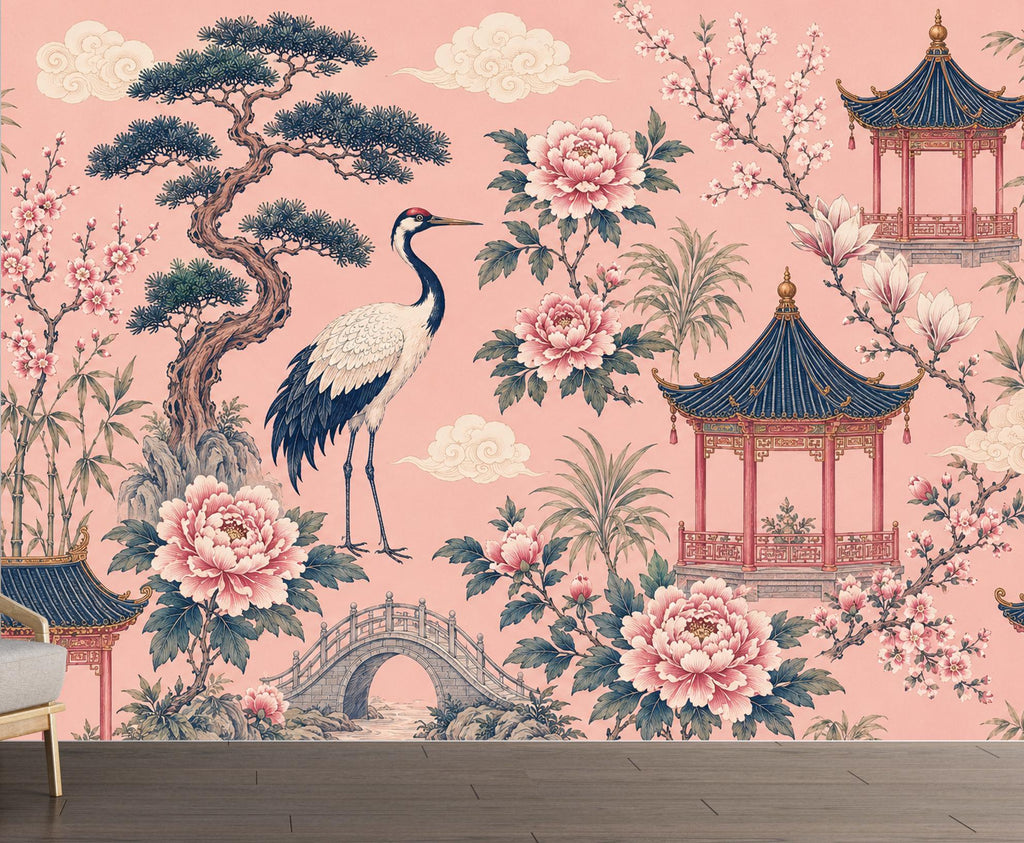 Chinoiserie Wallpaper Peel and Stick, Pink Asian Garden Wall Mural, Crane Wallpaper, Oriental Floral Wallpaper, Maximalist Wall Decor 836LU