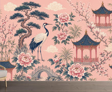 Load image into Gallery viewer, Chinoiserie Wallpaper Peel and Stick, Pink Asian Garden Wall Mural, Crane Wallpaper, Oriental Floral Wallpaper, Maximalist Wall Decor 836LU