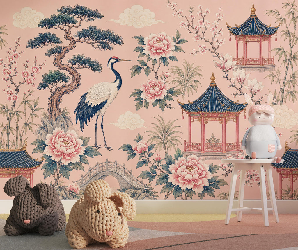 Chinoiserie Wallpaper Peel and Stick, Pink Asian Garden Wall Mural, Crane Wallpaper, Oriental Floral Wallpaper, Maximalist Wall Decor 836LU