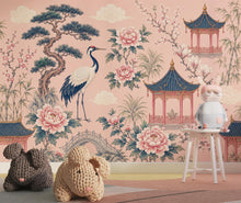 Load image into Gallery viewer, Chinoiserie Wallpaper Peel and Stick, Pink Asian Garden Wall Mural, Crane Wallpaper, Oriental Floral Wallpaper, Maximalist Wall Decor 836LU