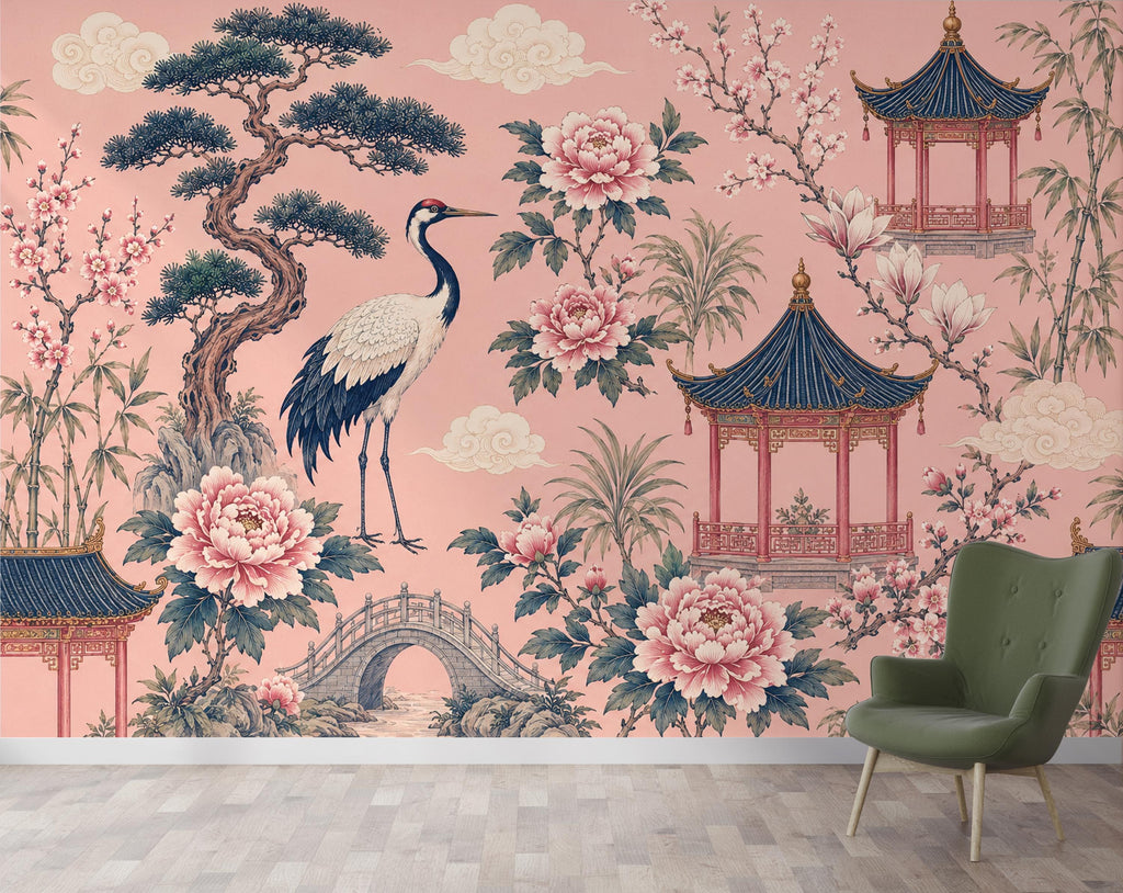 Chinoiserie Wallpaper Peel and Stick, Pink Asian Garden Wall Mural, Crane Wallpaper, Oriental Floral Wallpaper, Maximalist Wall Decor 836LU