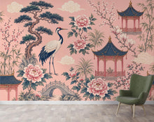 Load image into Gallery viewer, Chinoiserie Wallpaper Peel and Stick, Pink Asian Garden Wall Mural, Crane Wallpaper, Oriental Floral Wallpaper, Maximalist Wall Decor 836LU