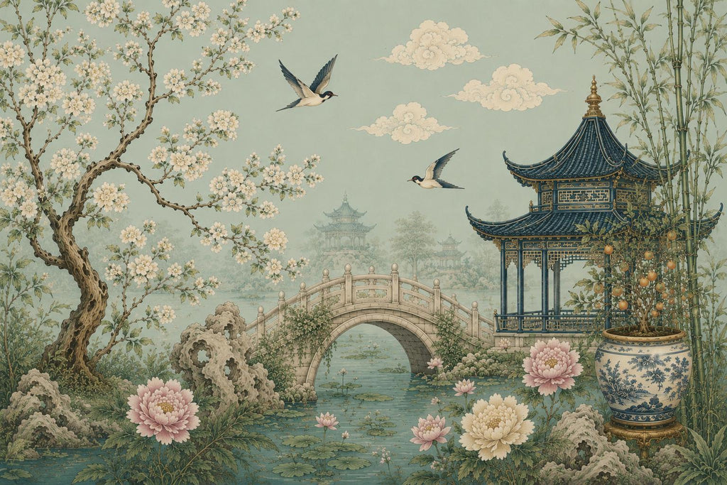 Chinoiserie Wallpaper Peel and Stick, Sage Green Asian Garden Wall Mural, Oriental Floral Wallpaper, Pagoda Wallpaper, Botanical Decor 836LU