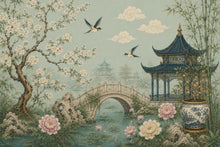 Load image into Gallery viewer, Chinoiserie Wallpaper Peel and Stick, Sage Green Asian Garden Wall Mural, Oriental Floral Wallpaper, Pagoda Wallpaper, Botanical Decor 836LU