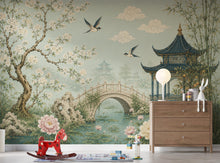 Load image into Gallery viewer, Chinoiserie Wallpaper Peel and Stick, Sage Green Asian Garden Wall Mural, Oriental Floral Wallpaper, Pagoda Wallpaper, Botanical Decor 836LU