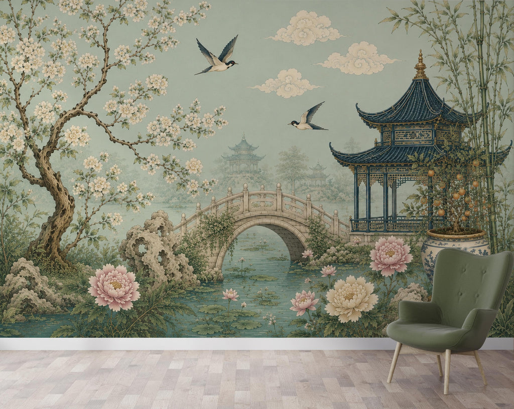 Chinoiserie Wallpaper Peel and Stick, Sage Green Asian Garden Wall Mural, Oriental Floral Wallpaper, Pagoda Wallpaper, Botanical Decor 836LU