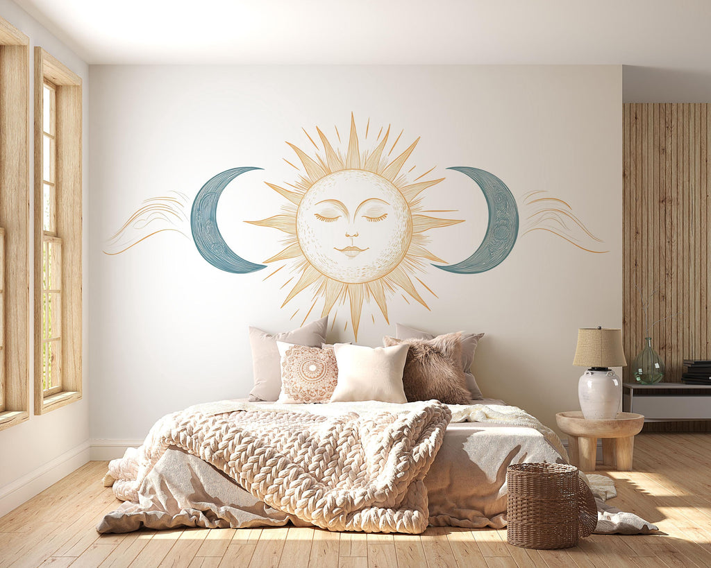 Celestial Sun Moon Wall Decal Boho Yoga Studio Wall Art Minimalist Spiritual Vinyl Sticker Meditation Wellness Room Decor