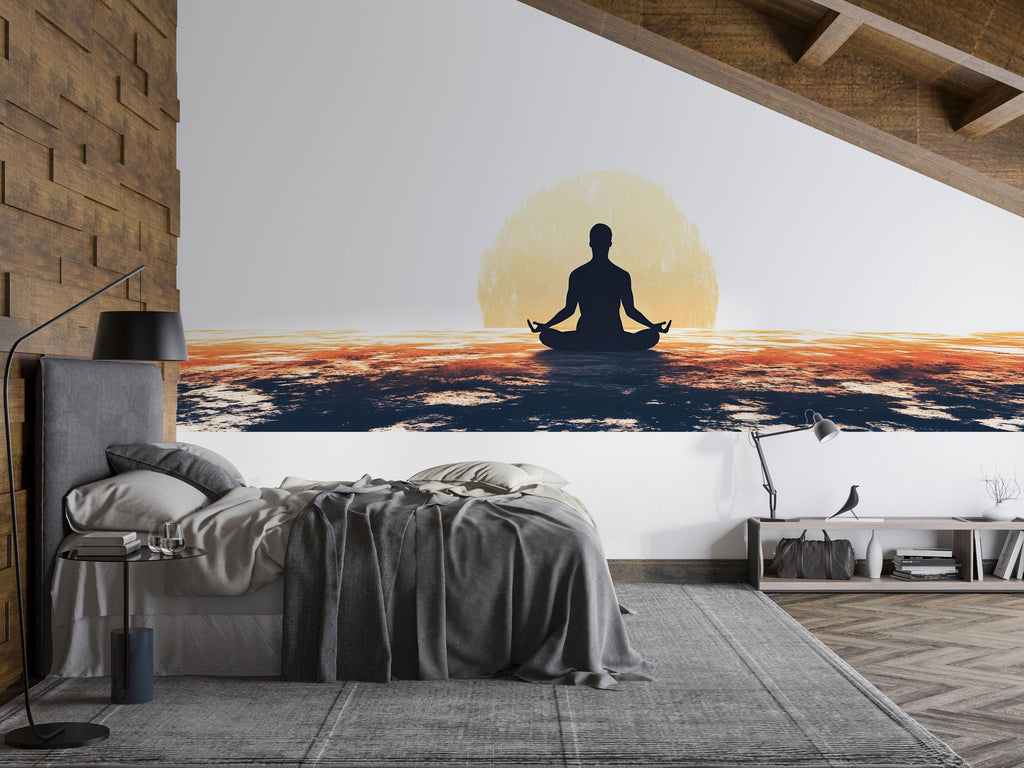 Meditation Ocean Sunset Wall Decal Yoga Studio Wall Art Zen Spiritual Vinyl Sticker Wellness Room Decor Boho Meditation Mural