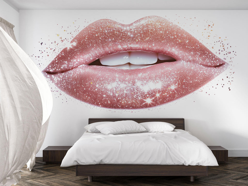 Pink Glitter Lips Wall Decal, Sparkle Makeup Wall Sticker, Beauty Room Wall Art, Glam Bedroom Decor, Salon Vanity Mural, 576mv