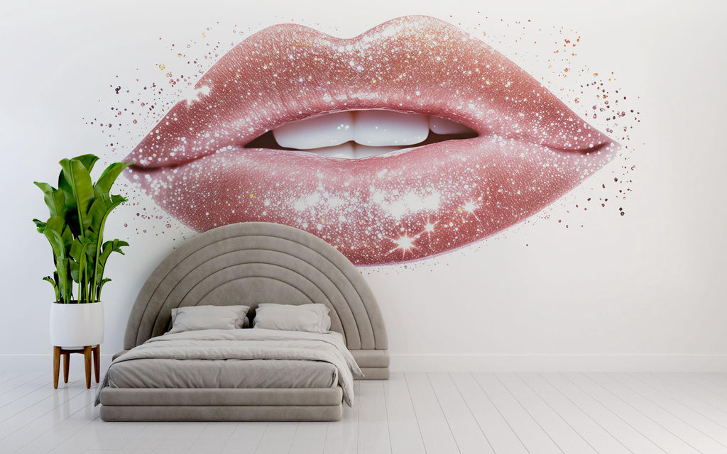 Pink Glitter Lips Wall Decal, Sparkle Makeup Wall Sticker, Beauty Room Wall Art, Glam Bedroom Decor, Salon Vanity Mural, 576mv