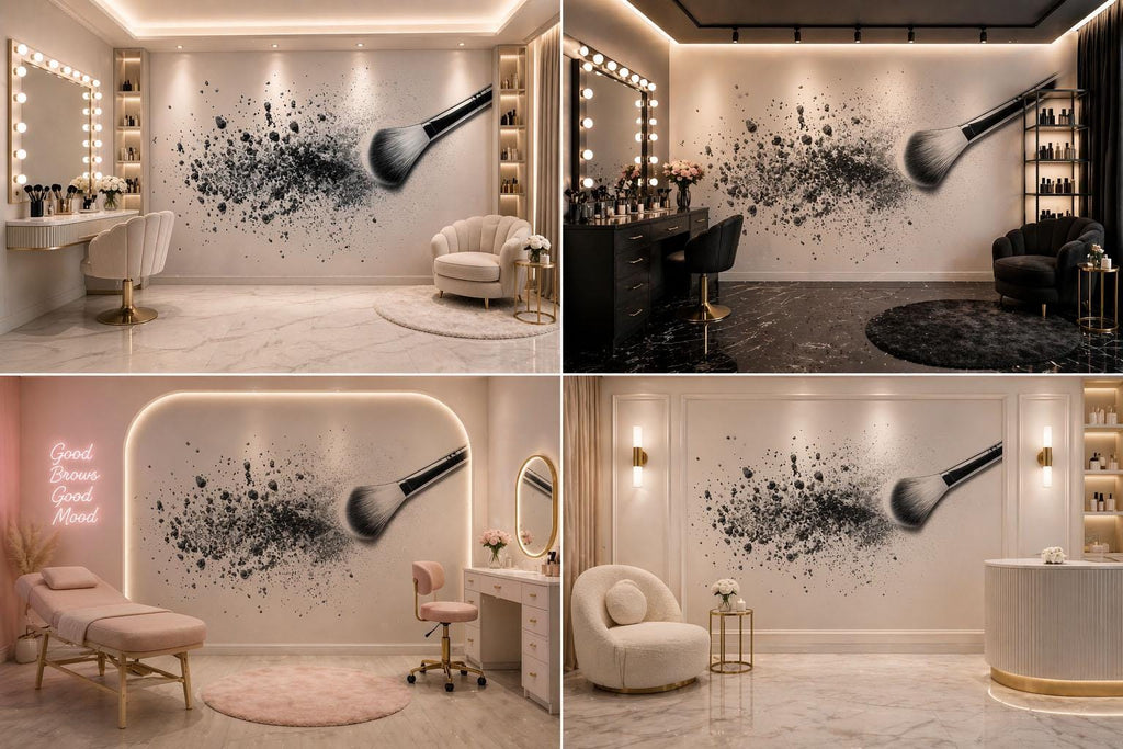 Black Makeup Brush Wall Mural, Powder Splash Wallpaper, Beauty Salon Wall Decor, Glam Makeup Room Decal, 580mv