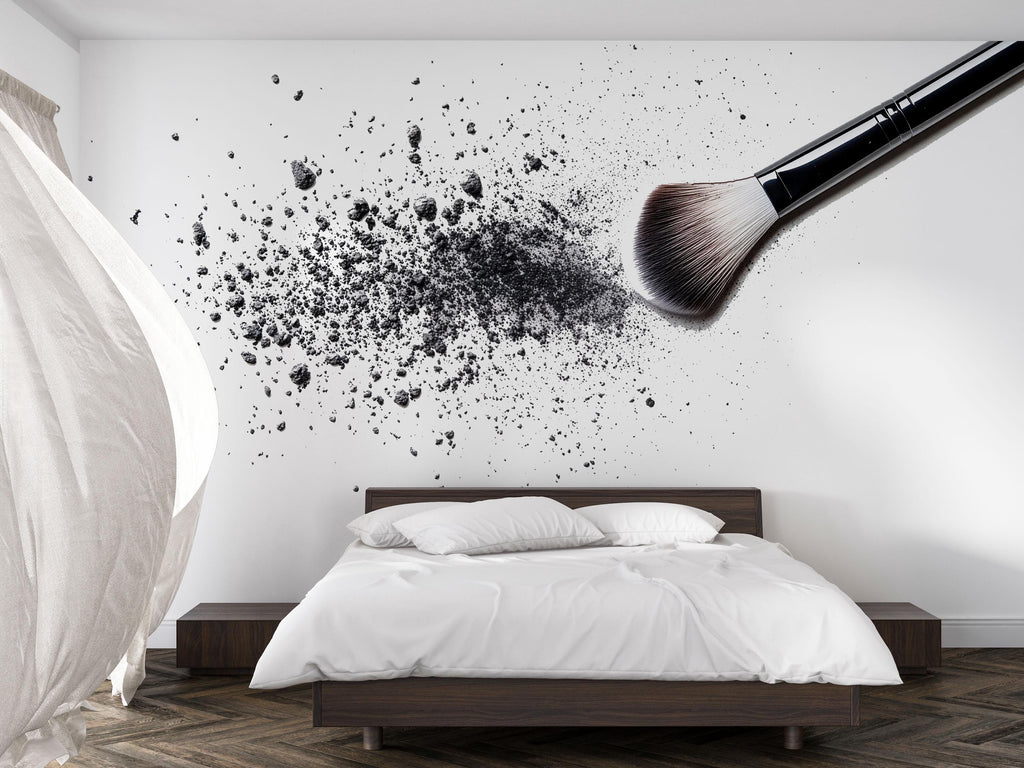 Black Makeup Brush Wall Mural, Powder Splash Wallpaper, Beauty Salon Wall Decor, Glam Makeup Room Decal, 580mv